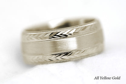 8mm Solid Gold Wedding Band for Men and Women Flat Brushed Filigree Edge | AT-0013