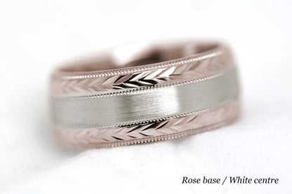 8mm Solid Gold Wedding Band for Men and Women Flat Brushed Filigree Edge | AT-0013