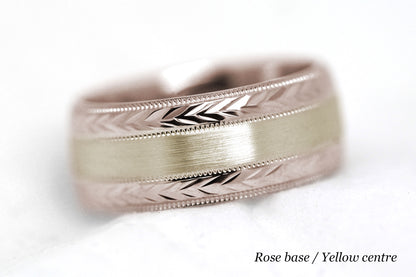 8mm Solid Gold Wedding Band for Men and Women Flat Brushed Filigree Edge | AT-0013