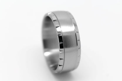 Titanium ring with brushed centre and polished filigree edge on a white background
