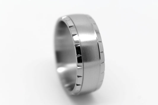 Titanium ring with brushed centre and polished filigree edge on a white background