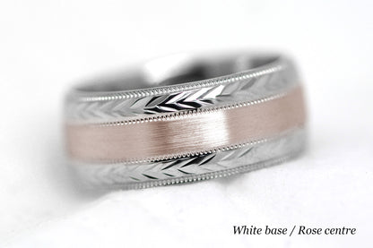 8mm Solid Gold Wedding Band for Men and Women Flat Brushed Filigree Edge | AT-0013