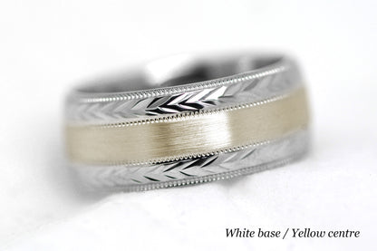 8mm Solid Gold Wedding Band for Men and Women Flat Brushed Filigree Edge | AT-0013