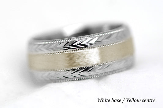 8mm Solid Gold Wedding Band for Men and Women Flat Brushed Filigree Edge | AT-0013