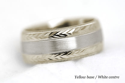 8mm Solid Gold Wedding Band for Men and Women Flat Brushed Filigree Edge | AT-0013