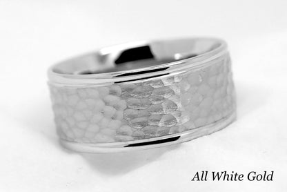 10k 14k 18k Hammered Men's Wedding Ring Anniversary gift | 10mm Solid Gold Wedding Band for Men. Heavy and high quality men's ring. Perfect as wedding band, anniversary ring, men's engagement ring. Product of Canada