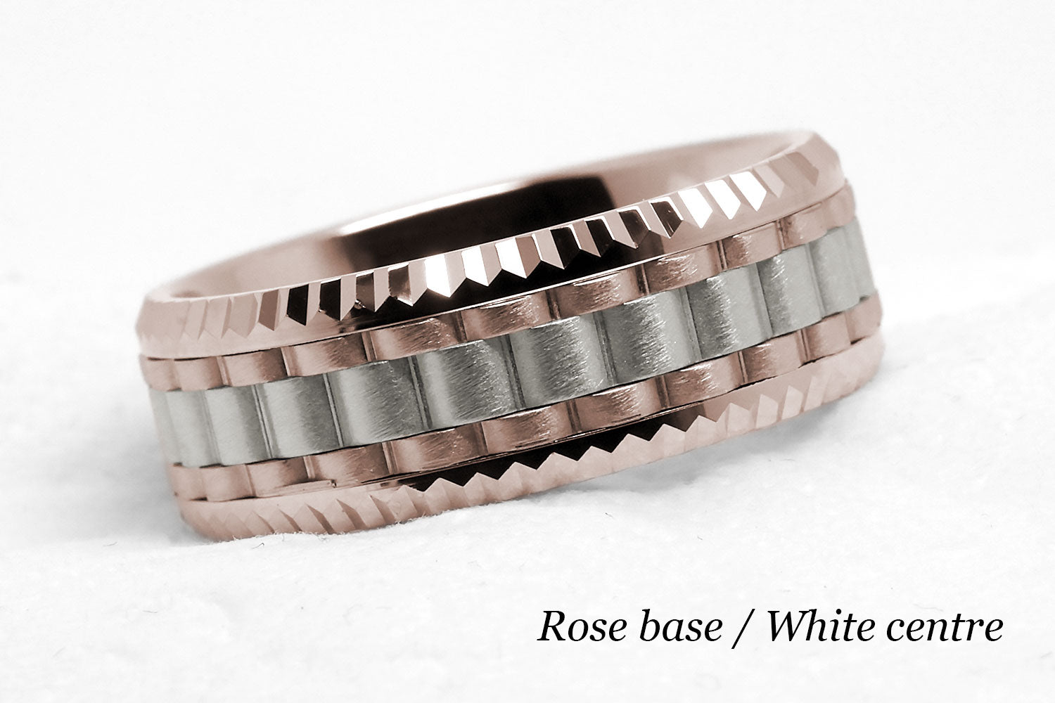 Luxury Heavy faceted solid gold wedding ring for men. Faceted carlex ring. rose gold base and white gold centre. 