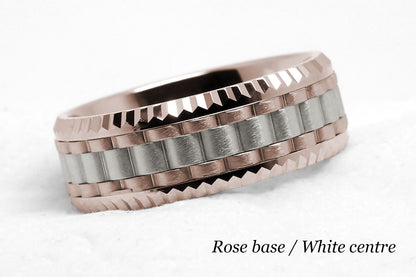 Luxury Heavy faceted solid gold wedding ring for men. Faceted carlex ring. rose gold base and white gold centre. 