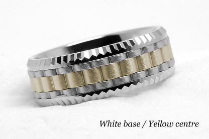 Luxury Heavy faceted solid gold wedding ring for men. Faceted carlex ring. White gold base and yellow gold centre. 