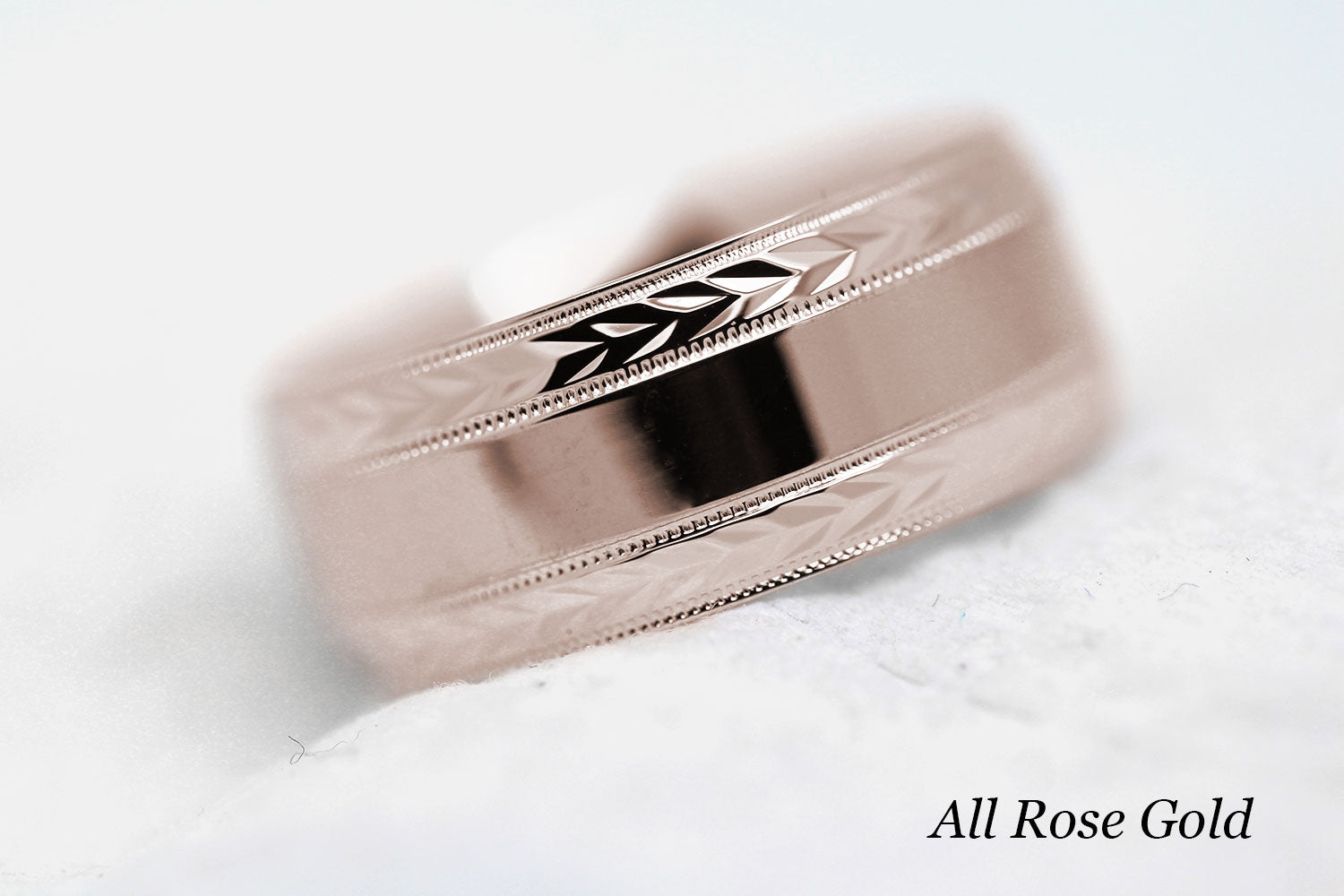 polished flat wedding and for men with wheat design in rose gold