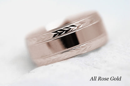 polished flat wedding and for men with wheat design in rose gold