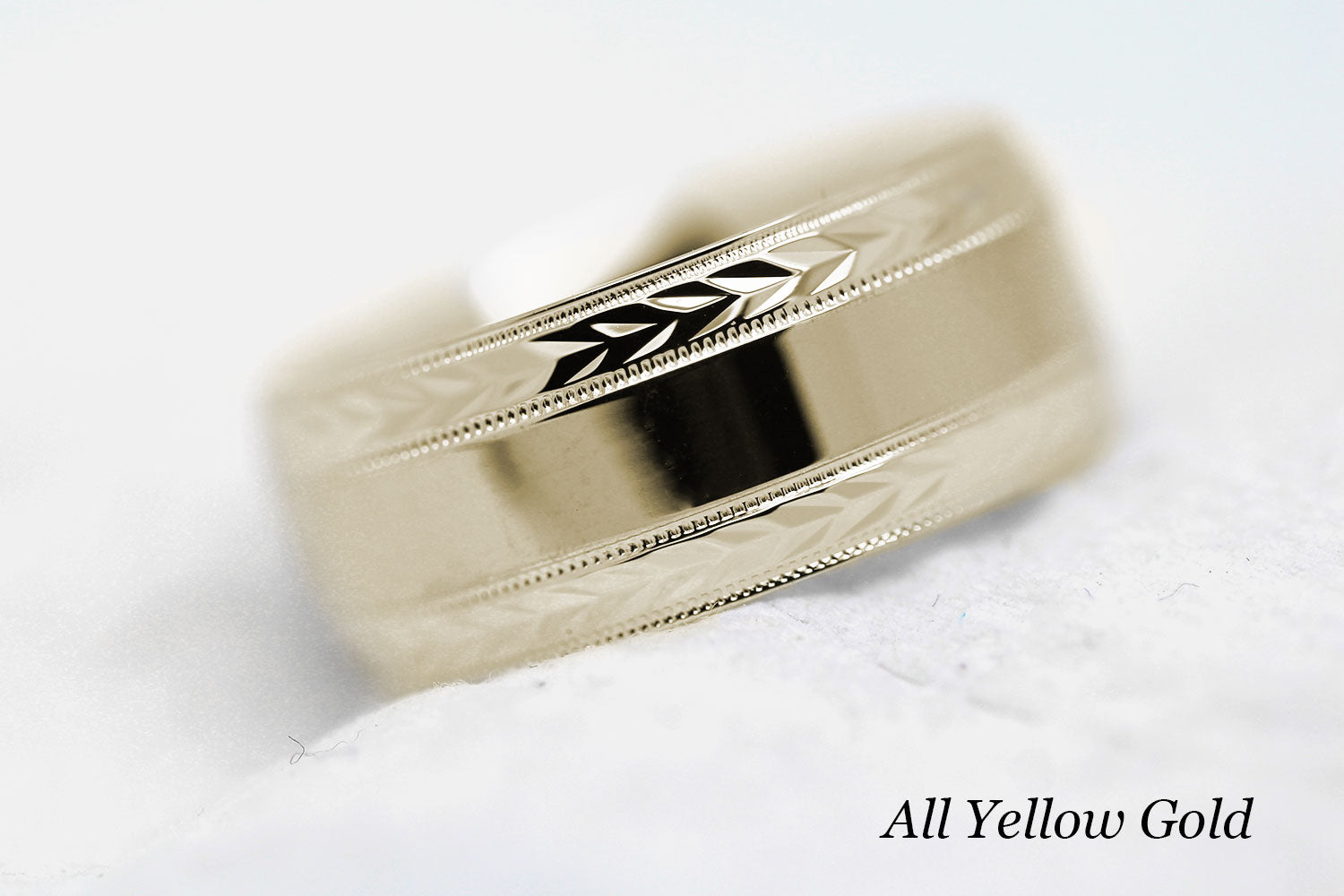 polished flat wedding and for men with wheat design in yellow gold