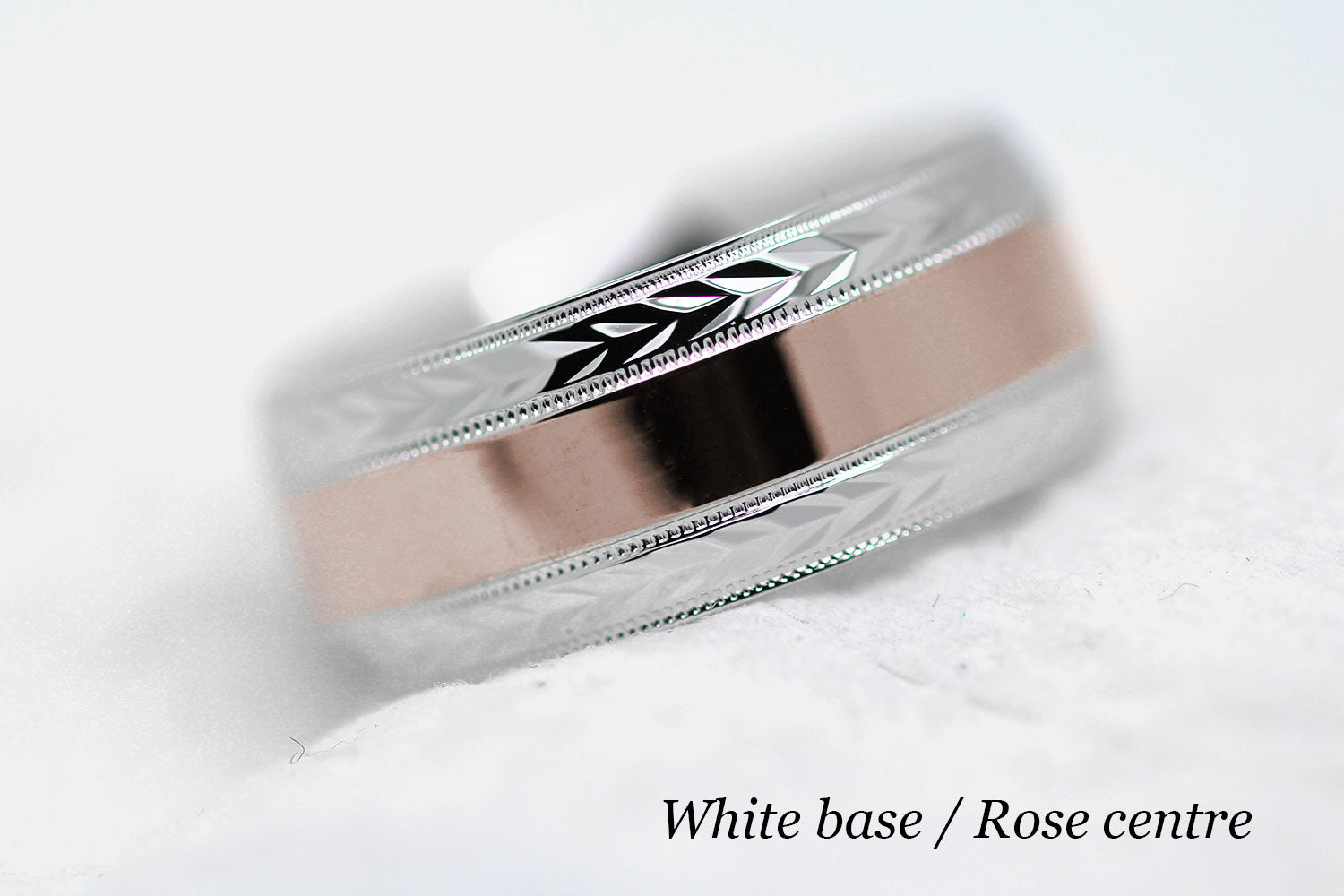 polished flat wedding and for men with wheat design in white gold base and rose gold centre