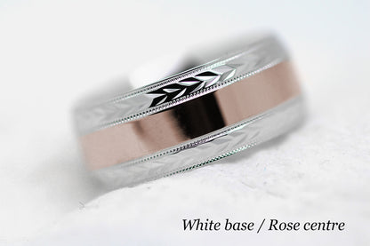 polished flat wedding and for men with wheat design in white gold base and rose gold centre