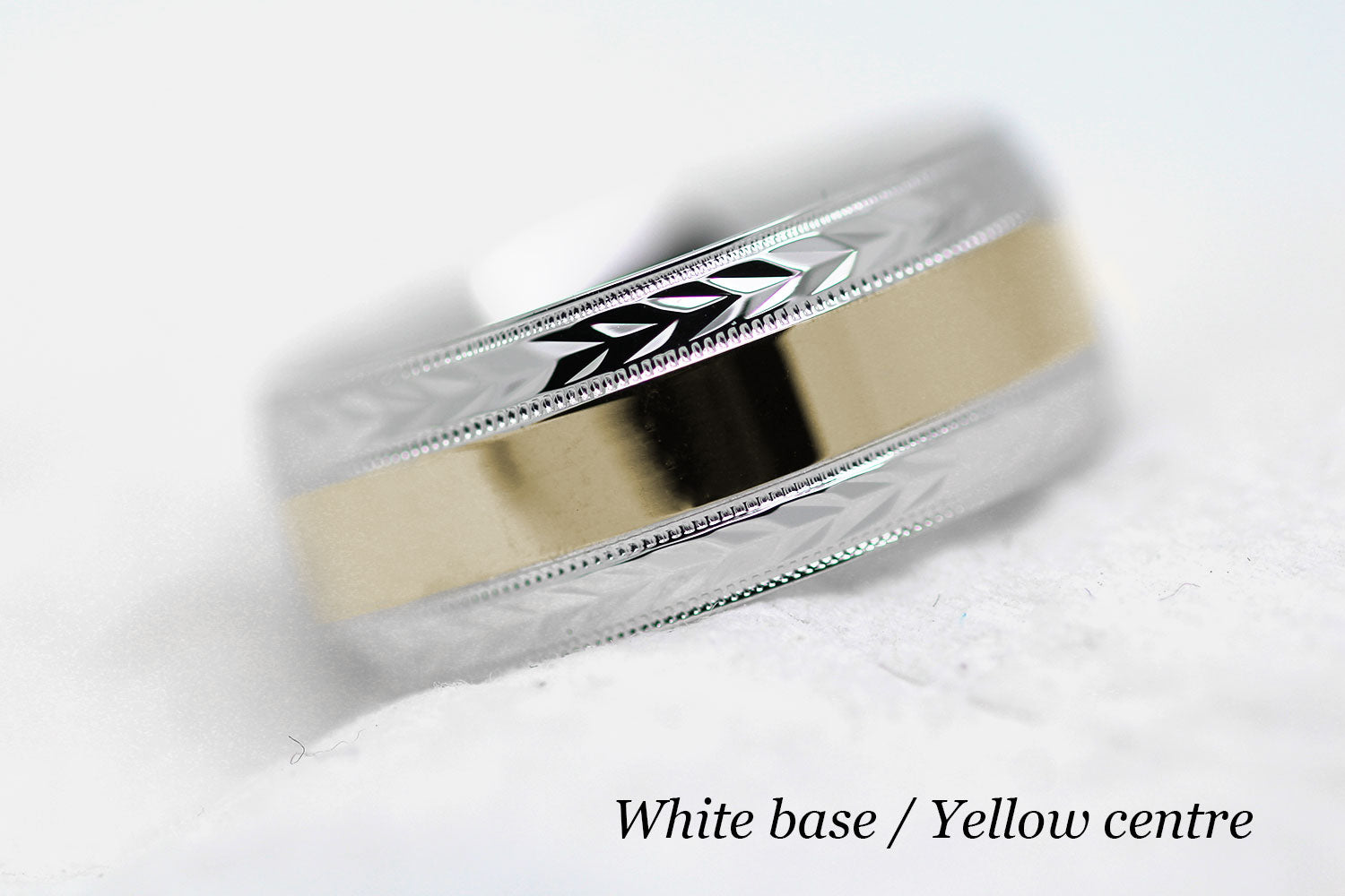 polished flat wedding and for men with wheat design in white gold base and yellow gold centre