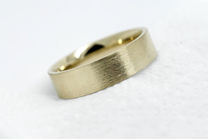 solid yellow gold wedding band for men and women with flat deep brush finish