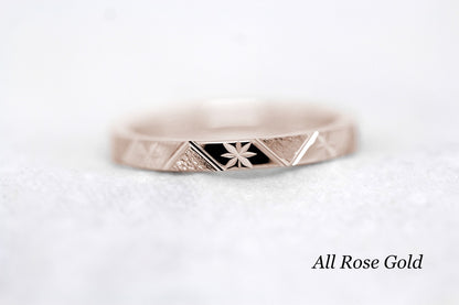 2mm 10K 14K 18K Gold Women's Wedding Band Stars Mountains | This gold ring's design was inspired by nature, narrow band with mountains and stars. Great addition to you stackable rings or wear alone as wedding ring