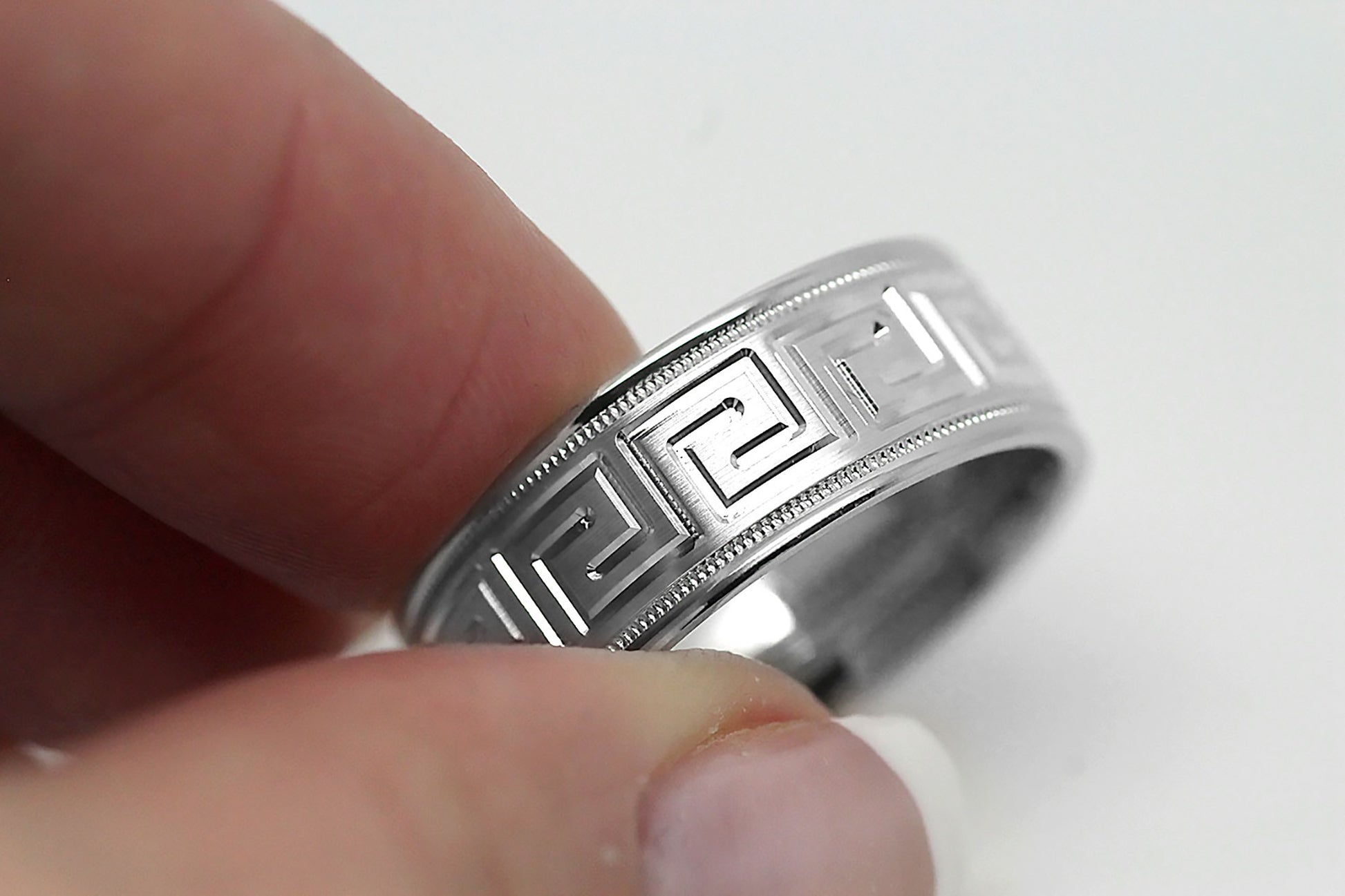 flat sterling silver wedding band versa chi pattern