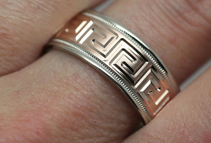 8mm Gold Wedding Band for Men and Women with Greek Design | T-0033