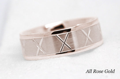 gold wedding band for men in brushed finish centre. X design around the entire ring in rose Gold 