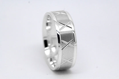 gold wedding band for men in brushed finish centre. X design around the entire ring in White Gold 