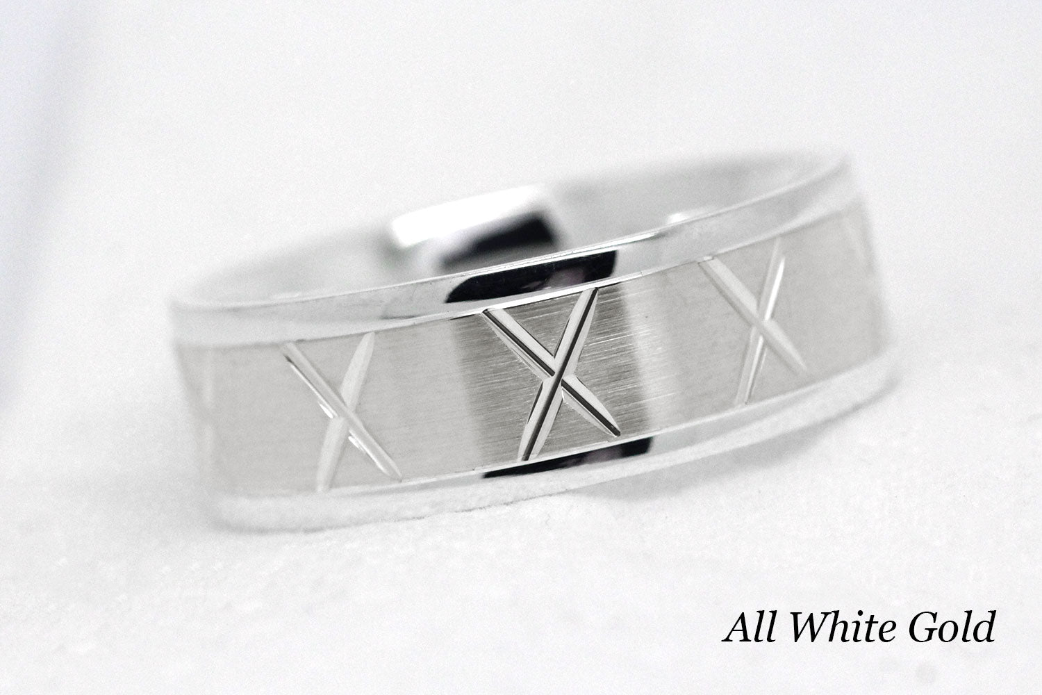 gold wedding band for men in brushed finish centre. X design around the entire ring in White Gold 