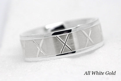 gold wedding band for men in brushed finish centre. X design around the entire ring in White Gold 