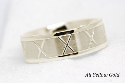 gold wedding band for men in brushed finish centre. X design around the entire ring in yellow Gold 