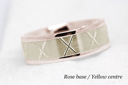 gold wedding band for men in brushed finish centre. X design around the entire ring . Rose Gold base and yellow gold centre