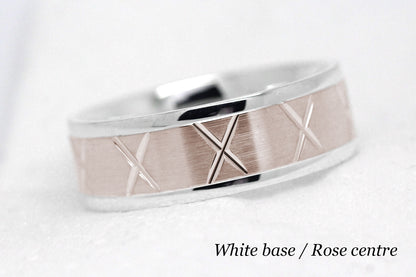 gold wedding band for men in brushed finish centre. X design around the entire ring . White Gold base and rose gold centre