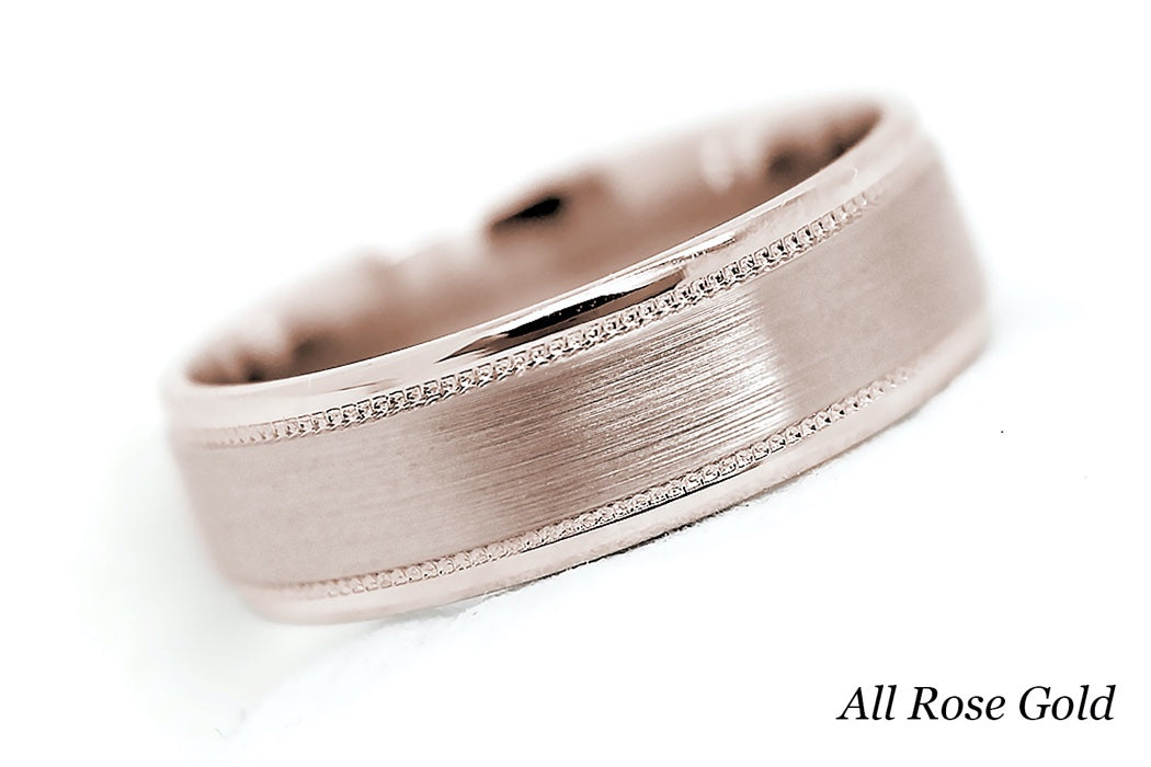 solid gold wedding ring for men and women. Brushed ring with rose gold 