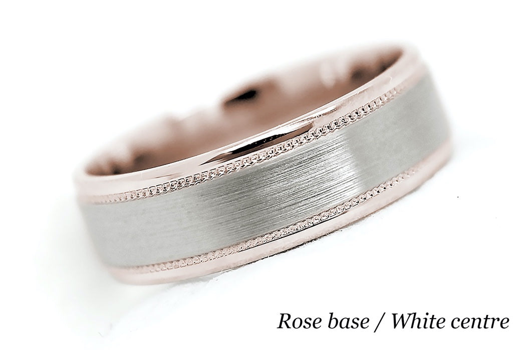 solid gold wedding ring for men and women. Brushed ring with rose gold base and white gold centre