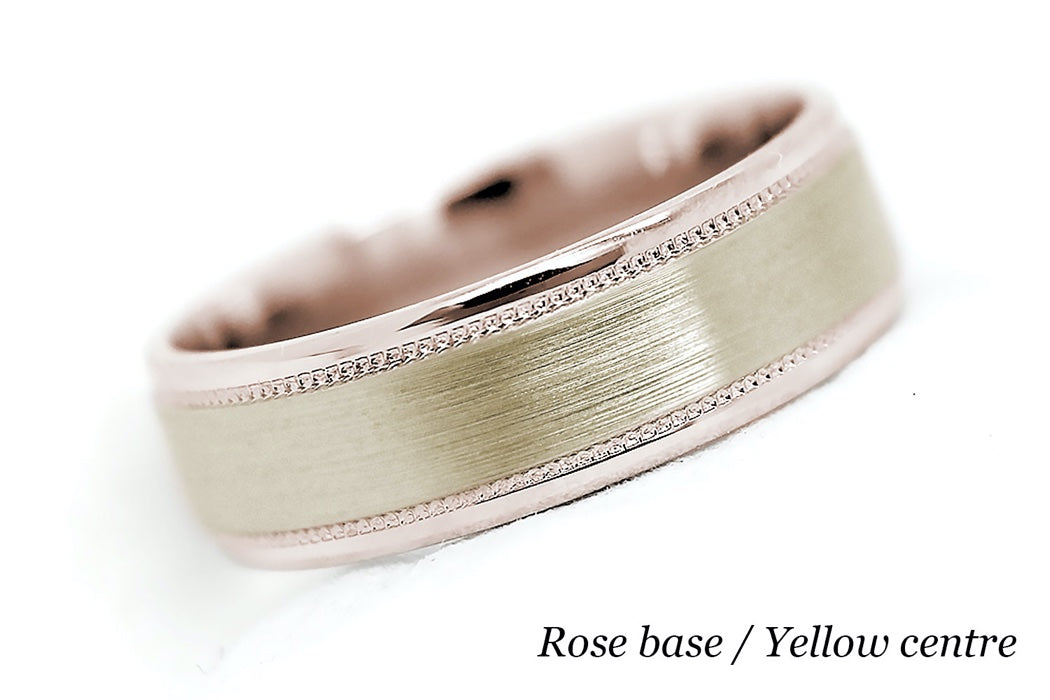 solid gold wedding ring for men and women. Brushed ring with rose gold base and yellow gold centre