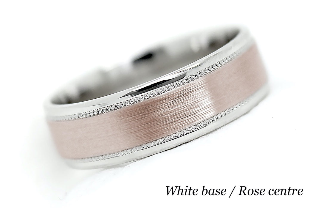 solid gold wedding ring for men and women. Brushed ring with white gold base and rose gold centre