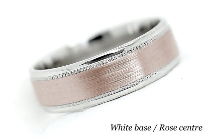 solid gold wedding ring for men and women. Brushed ring with white gold base and rose gold centre