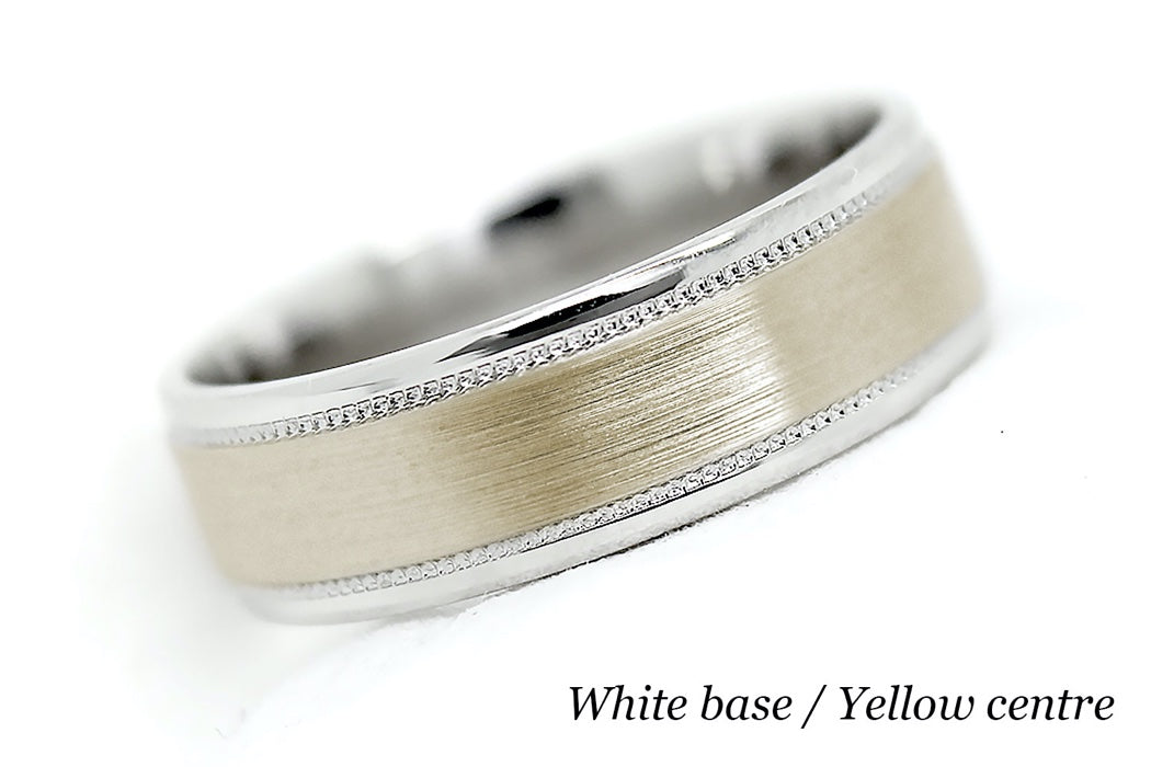 solid gold wedding ring for men and women. Brushed ring with white gold base and yellow gold centre
