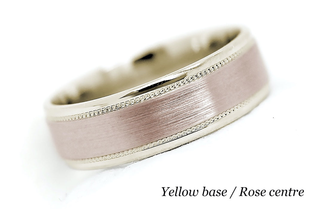 solid gold wedding ring for men and women. Brushed ring with yellow gold base and rose gold centre