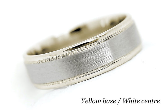 solid gold wedding ring for men and women. Brushed ring with yellow gold base and white gold centre