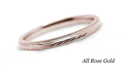 Two tone Gold Women's Wedding Ring Wheat design Faceted Ring | Elegant and classic 2 mm solid two tone 10k 14k 18k gold ring with nature inspired wheat design and milgrain edge.Stack it with other rings or wear it alone.