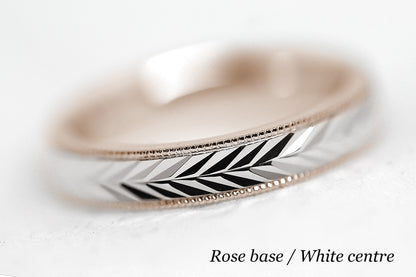 solid gold wedding band for men and women. Wheat Design, faceted and reflective centre is handcrafted in Montreal. Rose Gold base and White gold centre in solid 10k 14k or 18k gold
