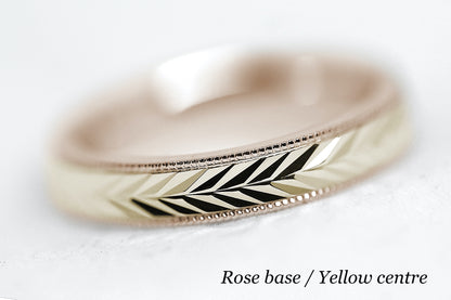 solid gold wedding band for men and women. Wheat Design, faceted and reflective centre is handcrafted in Montreal. Rose Gold base and yellow gold centre in solid 10k 14k or 18k gold
