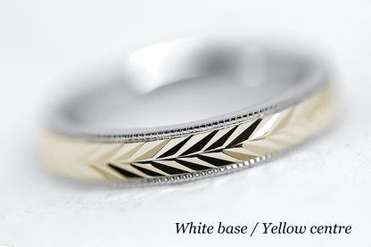 solid gold wedding band for men and women. Wheat Design, faceted and reflective centre is handcrafted in Montreal. White Gold base and yellow gold centre in solid 10k 14k or 18k gold