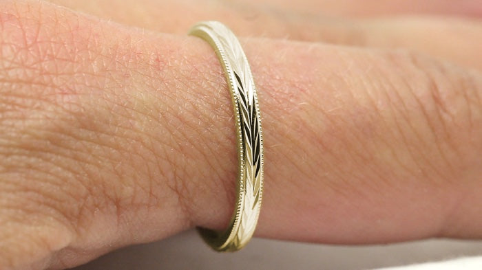 Two tone Gold Women's Wedding Ring Wheat design Faceted Ring | Elegant and classic 2 mm solid two tone 10k 14k 18k gold ring with nature inspired wheat design and milgrain edge.Stack it with other rings or wear it alone.