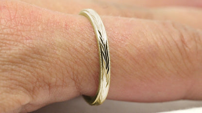 Two tone Gold Women's Wedding Ring Wheat design Faceted Ring | Elegant and classic 2 mm solid two tone 10k 14k 18k gold ring with nature inspired wheat design and milgrain edge.Stack it with other rings or wear it alone.