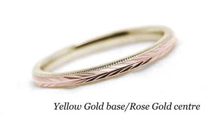 Two tone Gold Women's Wedding Ring Wheat design Faceted Ring | Elegant and classic 2 mm solid two tone 10k 14k 18k gold ring with nature inspired wheat design and milgrain edge.Stack it with other rings or wear it alone.