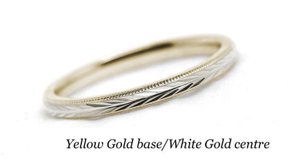 Two tone Gold Women's Wedding Ring Wheat design Faceted Ring | Elegant and classic 2 mm solid two tone 10k 14k 18k gold ring with nature inspired wheat design and milgrain edge.Stack it with other rings or wear it alone.