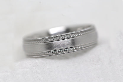 6mm 925 Silver Brushed Wedding Band for Men and Women with Double Milgrain | AT-6537