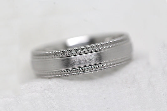 6mm 925 Silver Brushed Wedding Band for Men and Women with Double Milgrain | AT-6537