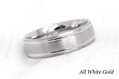 solid gold wedding band for men and women in white gold. Brushed finish with polished lines.