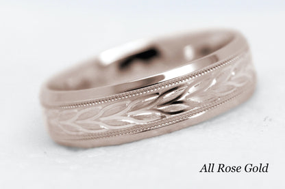 rose gold beveled wedding band for men with beveled and  floral brushed design